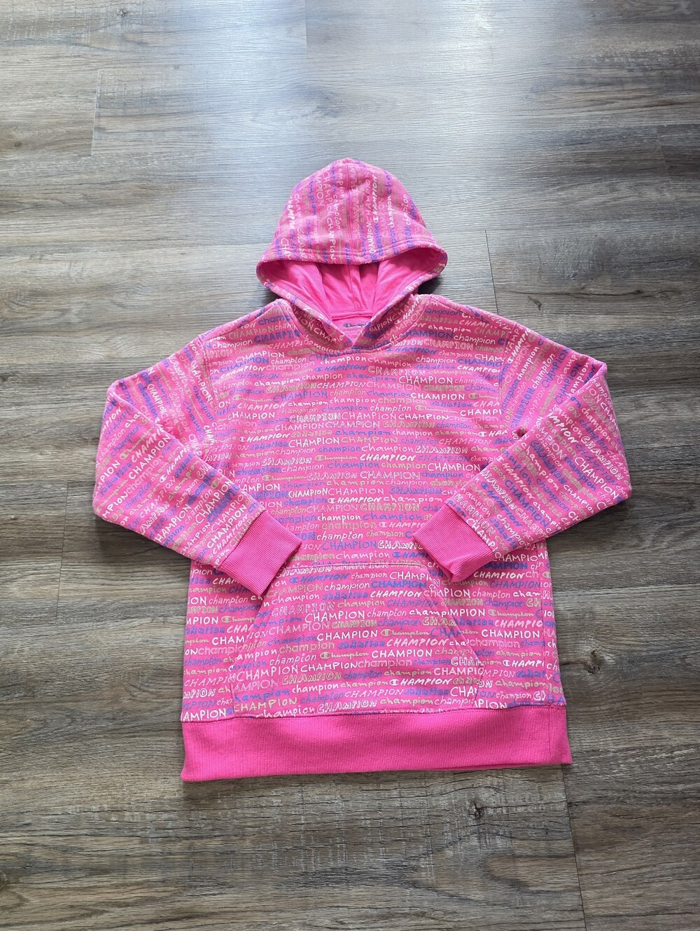 Champion Youth  Pink All-Over Logo Pullover Hoodie Size XL
